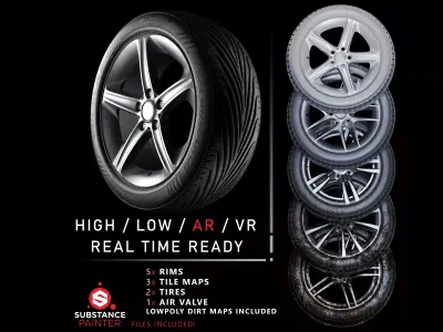 CAR WHEEL PACK 01 AR - VR - Highpoly - Low-poly 3D model