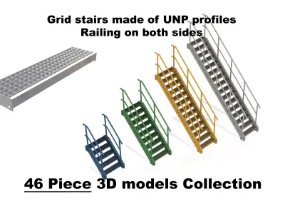 Grid stairs collection - handrail on both sides - 46 versions 3D model