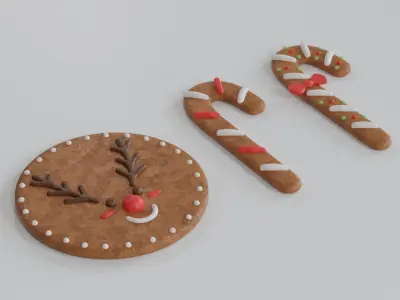Gingerbread Christmas Cookie 2 - Candy Cane and Reindeer 3D model