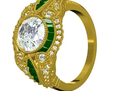 Unique Large Round Diamond Bezel Set Art Deco Ring 3D print model