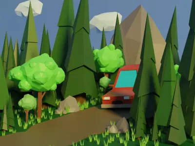 Low Poly Car and Forest Low-poly 3D model