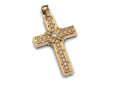 G0497 gold cross pendant with diamonds 3D print model