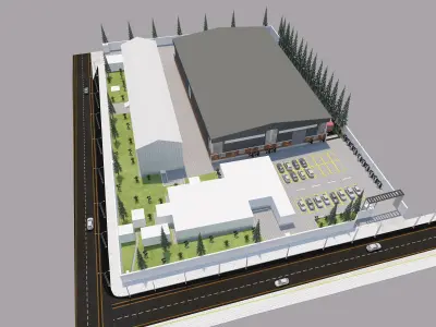 INDUSTRIAL BUILDING WITH LANDSCAPE AND COLUMNS AND BEAMS DETAILS 3D model