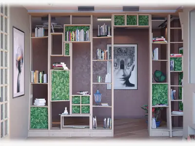 Wooden bookcase with moss inserts 3D model