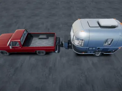 Pickup truck with small camper trailer Unity 3d asset Low-poly 3D model