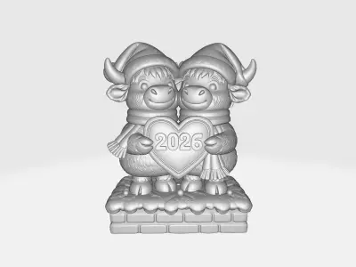 Highland Cow Couple 2026 Kawaii Bull Statue Christmas New Year  3D print model