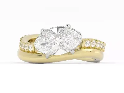 Oval Curved Band Engagement Ring Pave and Wedding Band Ring Set 3D print model