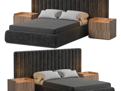 Walvia Gray Velvet Luxury Wide Headboard Bed 3D model