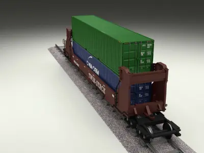 Brown Train Well Car w Containers 3D model