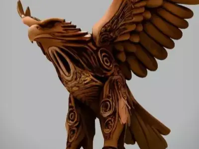 Ornate Eagle with Tribal Engraved Wings Fantasy Bird Sculpture 3D print model
