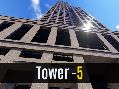 Tower - 5 tall building on field Low-poly 3D model