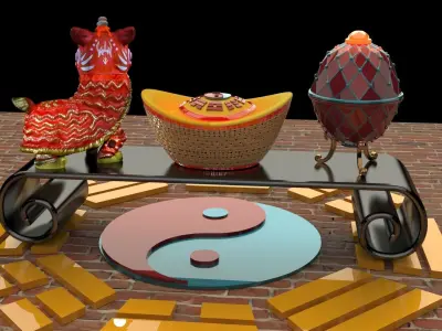 Chinese lion dance figure with yuanbao 3D model