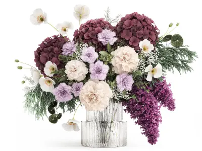 Bouquet of hydrangea lilac poppy peony in a vase 437 3D model