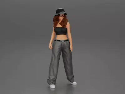 lowrider girl posing in hat and sunglasses with long hair 3D print model
