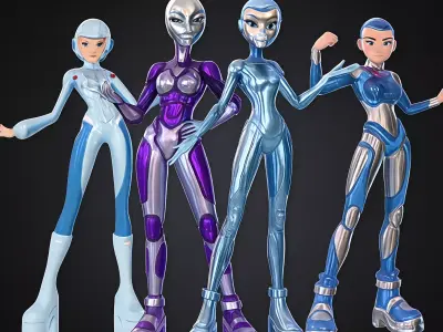 Stylized Futuristic Female Robot Bundle Pritable Model Low-poly 3D model