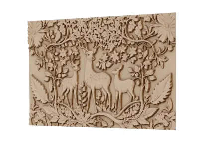 decor set wall panel deer relief mural CNC 57 3D model