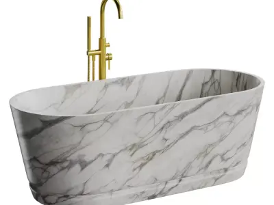 Handcrafted Oval Stone Bathtub with Carved Linear Detail 3D model