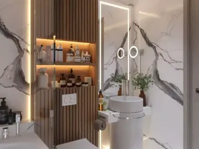 Realistic Modern Luxury Marble-Wood Bathroom Interior 3D Model 3D model
