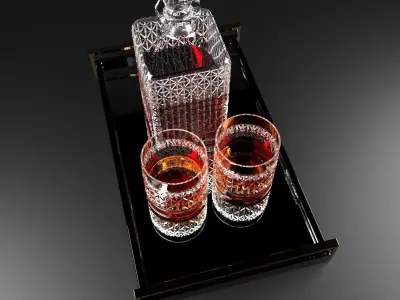 WHISKEY SET two glasses and decanter on tray 3D model