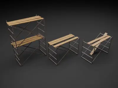 Low Poly Scaffoldings three wooden ladders 3D model
