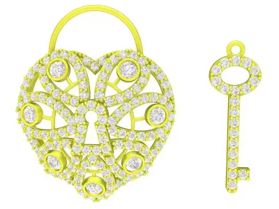 A7439 Diamond Heart Lock and Key Women Pendant 3D Model 3D print model