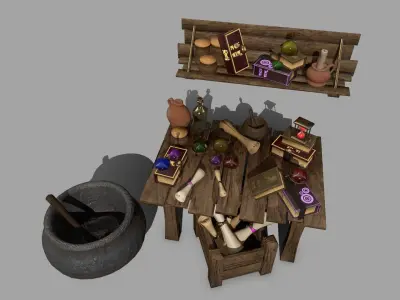 Alchemy Set pot with wooden spoon Low-poly 3D model