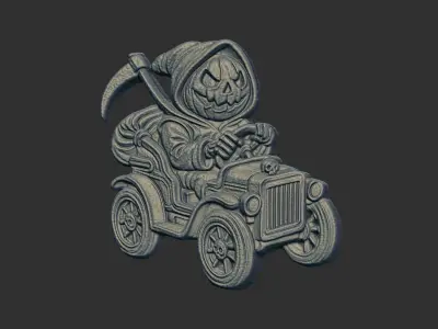 pumpkin grimreaper driving car 3D print model