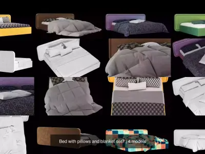  Bed with pillows and blanket 4 models of bed set 7 3D Model Collection