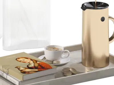 Coffee set 13 - tray pot cup books figurine bouquet pot  3D model
