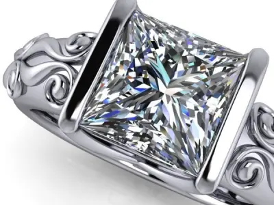 Vintage Princess Cut Solitaire  Hand Engrave Style Scroll  Ring  3D print model