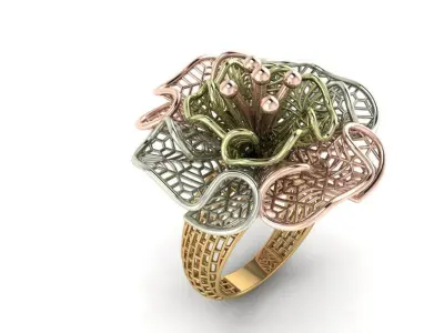 Ring10 flower ring in rose gold with emeralds 3D model