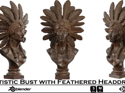 Artistic Bust with Feathered Headdress - Aged Bronze Sculpture 3D model