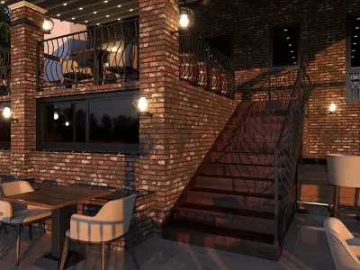 Restaurant with tables and chairs at dusk 3D model