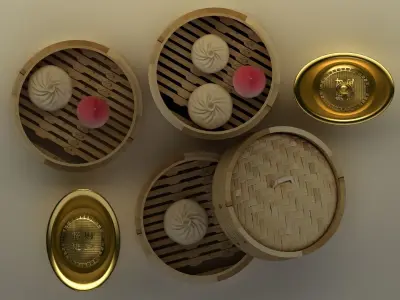 Chinese bamboo steamer with buns and yuanbaos 3D model