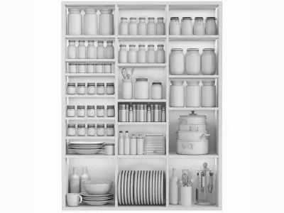 A cabinet with kitchen utensils dishes and decor 3D model