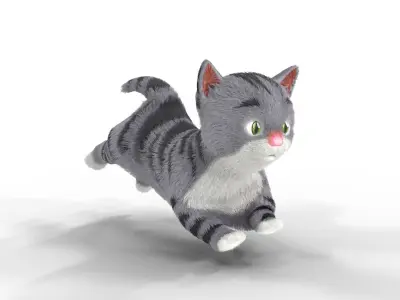Cute Fur Kitten Gray Animated  Low-poly 3D model