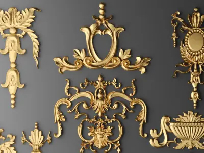 Cartouches SET 3 decorative ornaments in gold 3D model
