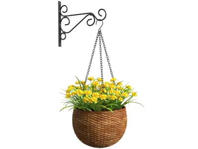 Hanging basket flowerpot rattan pot with flowers 3D model