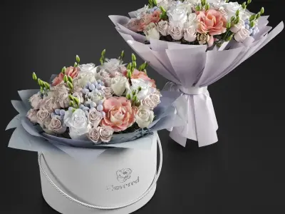 Two Bouquet of the flowers in white orange pink and blue colors 3D model