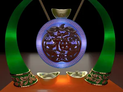  Chinese gold Ingot with fu and dragon carving pattern    3D model