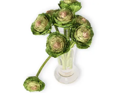 Brassica artichoke stems in glass vase 3D model
