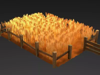 Field wheat with wooden fence Low-poly 3D model