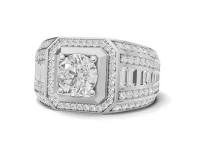 Mens Solitaire Diamond And Baguette Statement Ring 3D print model