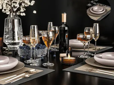 Tableware table setting with wine glasses and silverware 3D model