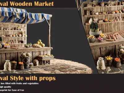 Medieval Wooden Market Pack  Set 3 With Props 3D model