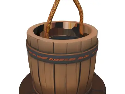 Wooden Well Bucket with Base Low-poly 3D model