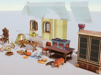 Stylized Medieval Interior Props Kit 70 plus Items Low-poly 3D model