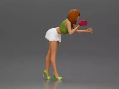 Woman in green top and white skirt washing car with sponge 3D print model
