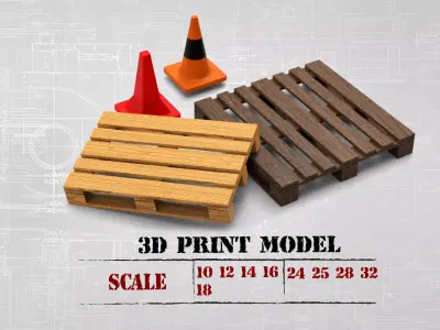 STL printable Wood Pallet  and  Road Safety Cones  3D print model