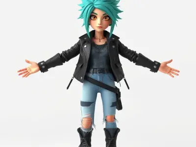 Dynamic Punk Girl D Character Model with Turquoise Hair and L... Low-poly 3D model